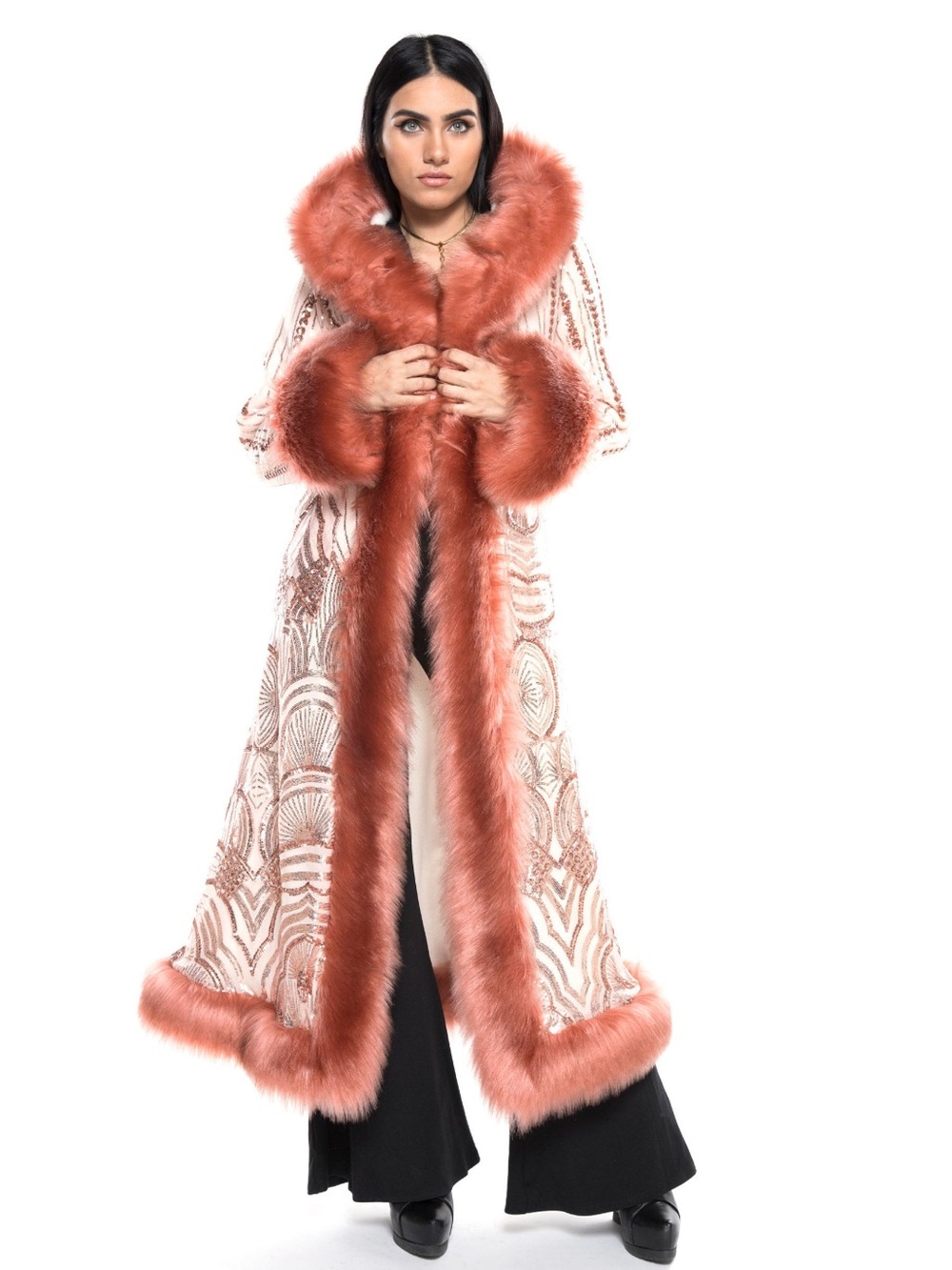 Long Rose Gold Faux-Fur Trimmed Art Deco Sequined Coat - Women